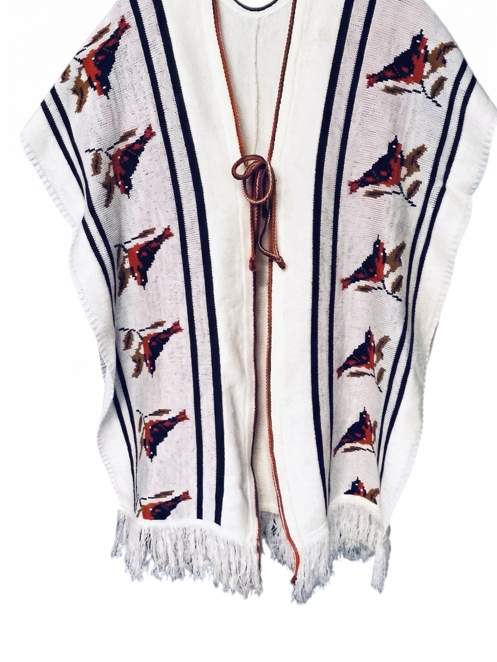 Fringed Cream Knit Vintage Poncho with Navy Stripes and Red Accent Birds